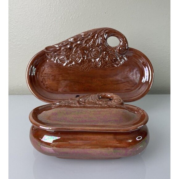 Vintage Byron Molds 1977 Pumpkin Ceramic Trinket Box & Tray, Signed Hand Painted - Picture 2 of 12